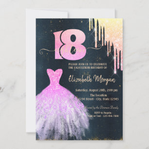 Invitación Vestido de gotas chic, Cumpleaños 18 azul oscuro
