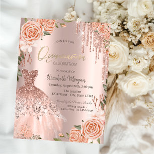Invitación Vestido de gotas de brillo de oro rosa con rosas m