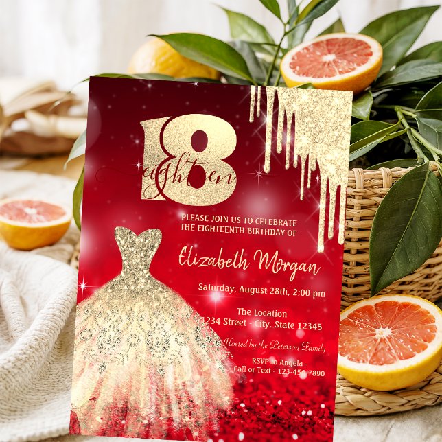 Invitación  Vestido de gotas de oro Bokeh rojo Cumpleaños 18  (Subido por el creador)