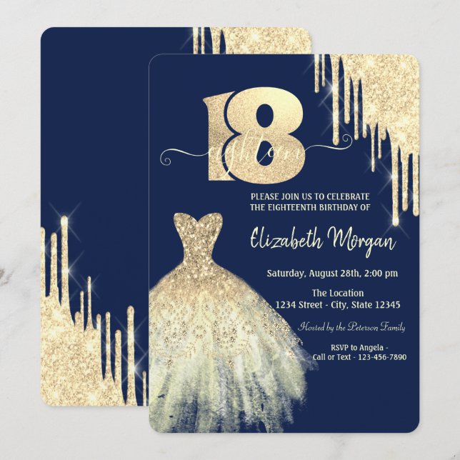 Invitación Vestido de gotas de oro chic azul marino cumpleaño (Anverso / Reverso)