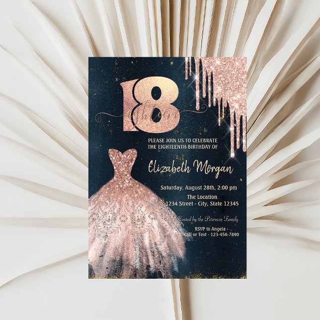 Invitación Vestido de gotas de oro rosa, azul oscuro cumpleañ (Subido por el creador)