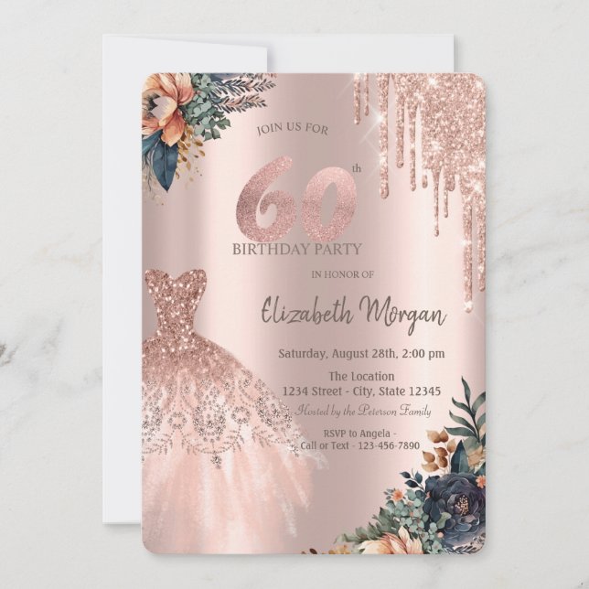 Invitación Vestido de gotas de oro rosa Flores melancólicas C (Anverso)