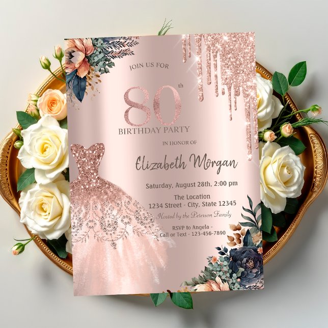 Invitación Vestido de gotas de oro rosa Flores melancólicas C (Subido por el creador)