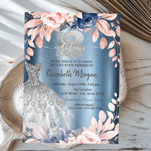 Invitación Vestido de gotas de purpurina Flores Azul Metálico