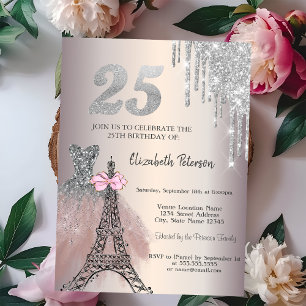Invitación Vestido de gotas de purpurina Torre Eiffel con laz