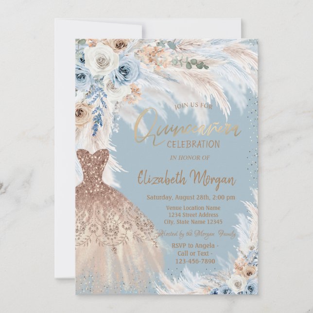 Invitación Vestido de hierba de Pampas de rosas azules claro (Anverso)