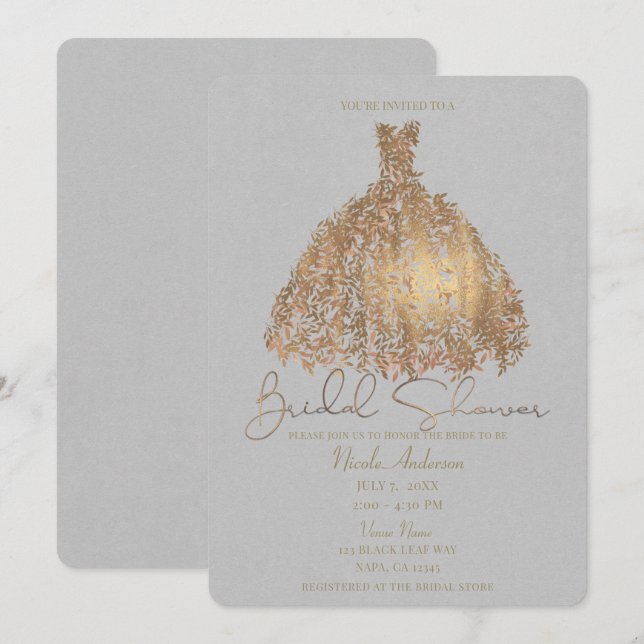 Invitación Vestido de Hojas Botánicas de Oro Rosa para Desped (Anverso / Reverso)