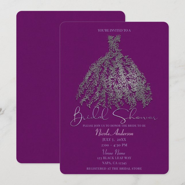 Invitación Vestido de Hojas Botánicas de Plata Purpura para B (Anverso / Reverso)