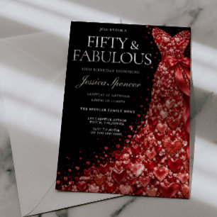 Invitación Vestido de joya de corazón rojo Cumpleaños 50 negr