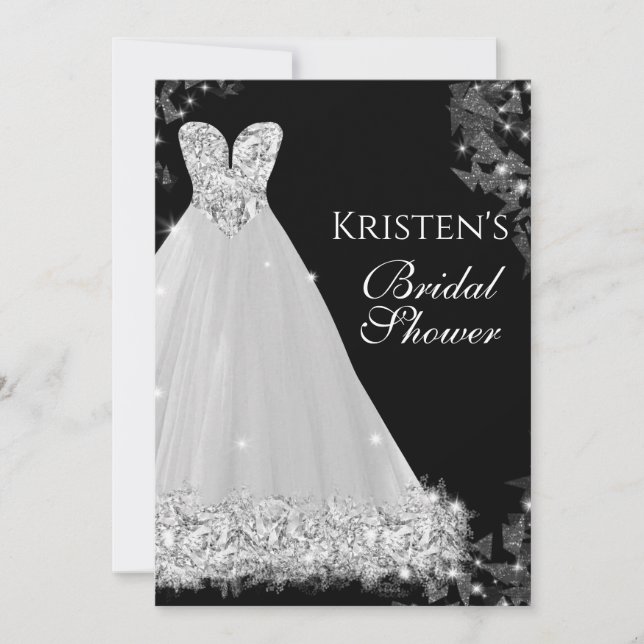 Invitación Vestido de joyas Boda blanco negro ducha de novia  (Anverso)
