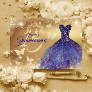 Invitación Vestido de la Marina de Oro Quinceanera