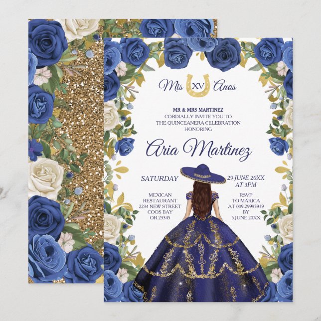 Invitación Vestido de la Marina y Rosas Chica Mexicano Mis Qu (Anverso / Reverso)