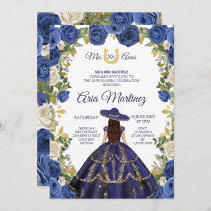 Invitación Vestido de la Marina y Rosas Chica Mexicano Mis Qu