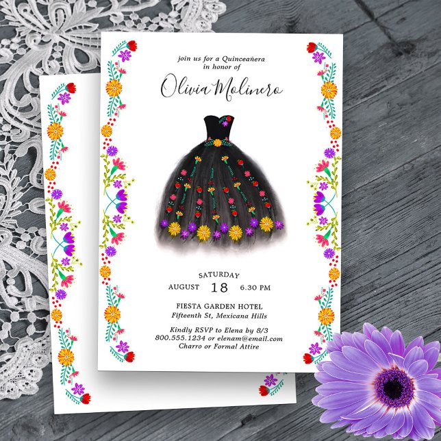 Invitación Vestido de la princesa floral de Fiesta mexicana Q (Quinceanera Invitation from my Mexican Fiesta Flowers Quinceanera Collection -printed or digital
)