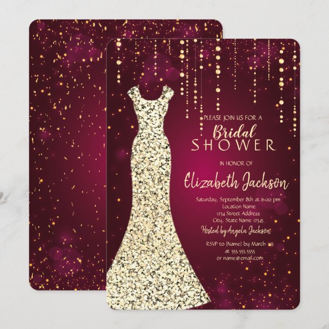 Invitación Vestido de las Secuencias de Oro,Ducha nupcial de  (Anverso / Reverso)