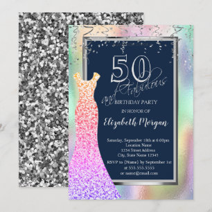 Invitación Vestido de lentejuelas arcoíris holográfico Cumple