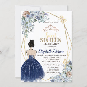 Invitación Vestido de lentejuelas azul marino, flores azules 