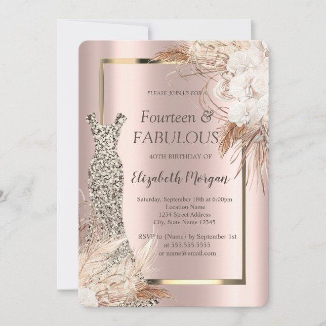 Invitación Vestido de lentejuelas Boho Flores 40 cumpleaños (Anverso)