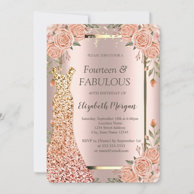 Invitación Vestido de lentejuelas Boho Flores 40 cumpleaños (Anverso)