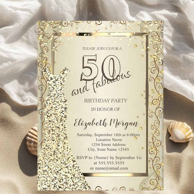 Invitación Vestido de lentejuelas chic dorado Cumpleaños 50 (Subido por el creador)