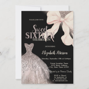 Invitación Vestido de lentejuelas con lazo rosa negro Sweet 1