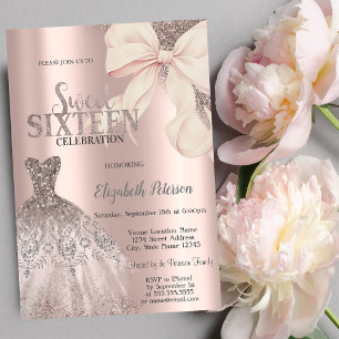 Invitación Vestido de lentejuelas con lazo rosa oro rosado Sw