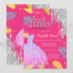 Invitación Vestido de lentejuelas de hojas tropicales rosa Sw