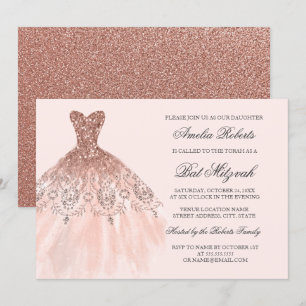 Invitación Vestido de lentejuelas de oro rosa Bat Mitzvah