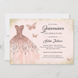 Invitación Vestido de lentejuelas de oro rosa Mariposa Quince