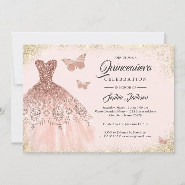 Invitación Vestido de lentejuelas de oro rosa Mariposa Quince (Anverso)