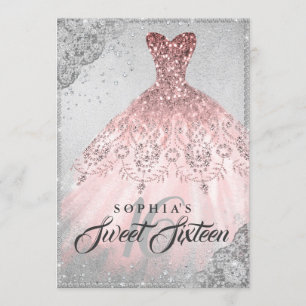 Invitación Vestido de lentejuelas de rosa oro plata Dulces 16