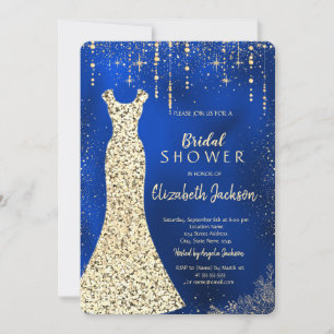 Invitación Vestido de lentejuelas doradas, boda de azul real 