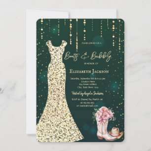 Invitación Vestido de lentejuelas doradas, Botas Flores Verde