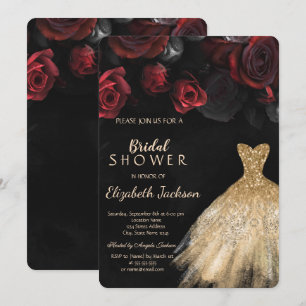 Invitación Vestido de lentejuelas doradas con rosas rojas par