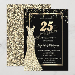 Invitación Vestido de lentejuelas doradas Cumpleaños 25 negro