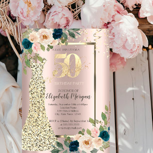 Invitación Vestido de lentejuelas doradas, cumpleaños 50 azul