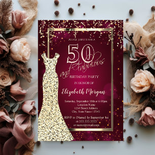 Invitación Vestido de lentejuelas doradas Cumpleaños 50 burgu
