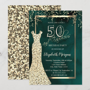 Invitación Vestido de lentejuelas doradas Cumpleaños 50 verde