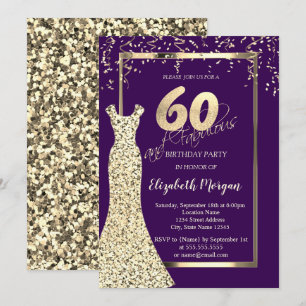 Invitación Vestido de lentejuelas doradas Cumpleaños 60 morad
