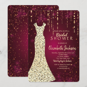 Invitación Vestido de lentejuelas doradas,ducha de novia de c