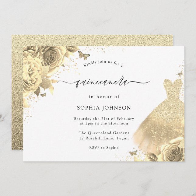 Invitación Vestido de lentejuelas doradas Quinceañera floral  (Anverso / Reverso)