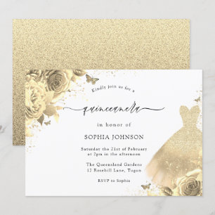Invitación Vestido de lentejuelas doradas Quinceañera floral 