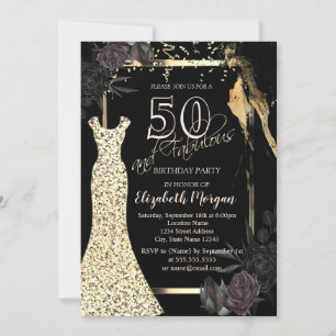Invitación Vestido de lentejuelas doradas Rosas oscuras Cumpl