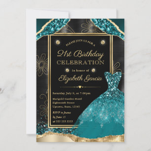 Invitación Vestido de lentejuelas doradas y turquesas para cu