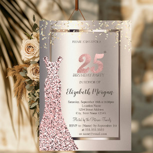 Invitación Vestido de lentejuelas rosa dorado Cumpleaños 25 m