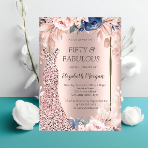 Invitación Vestido de lentejuelas rosa oro floral 50 cumpleañ