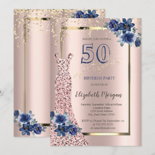 Invitación Vestido de lentejuelas rosa oro, flores azules 50º