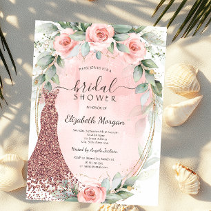 Invitación Vestido de lluvia de novia con rosas rosadas y mar