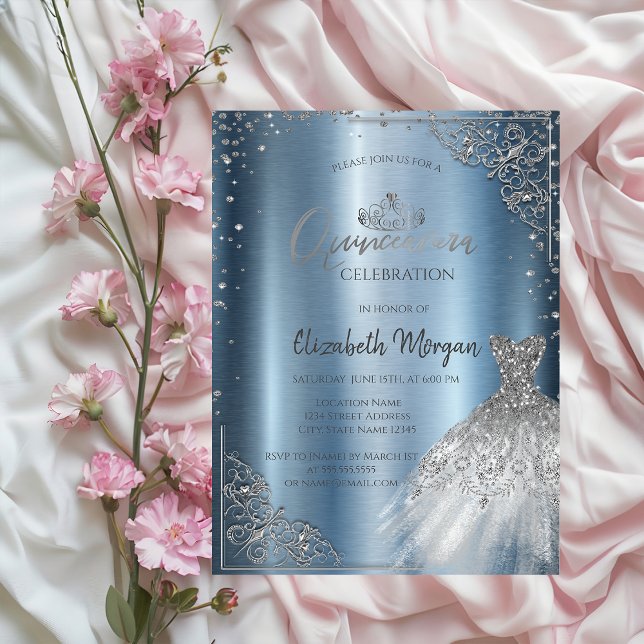 Invitación Vestido de marco de diamantes de plata Quinceañera (Subido por el creador)