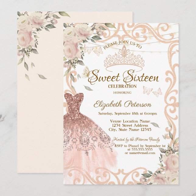 Invitación Vestido de Marco de Flores Chic Mariposas Dulces 1 (Anverso / Reverso)